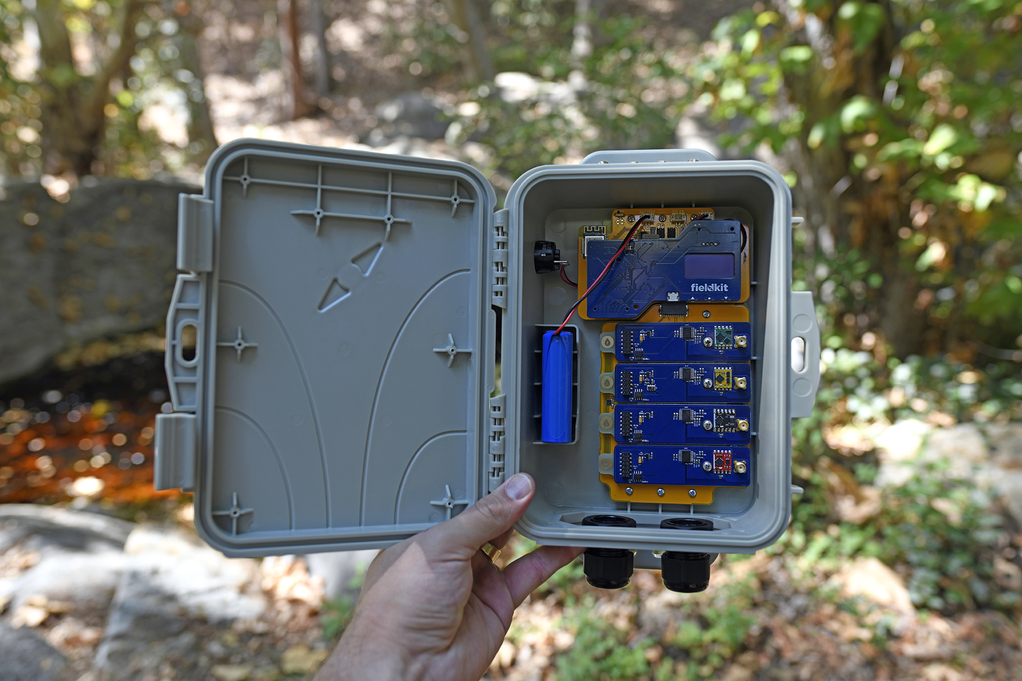 FieldKit Station being held up in a woodland