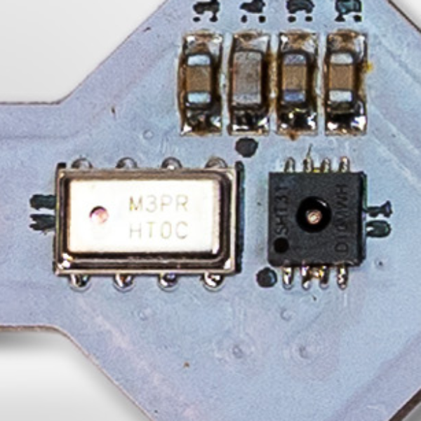 Closeup image of sensor chips on weather sensor board