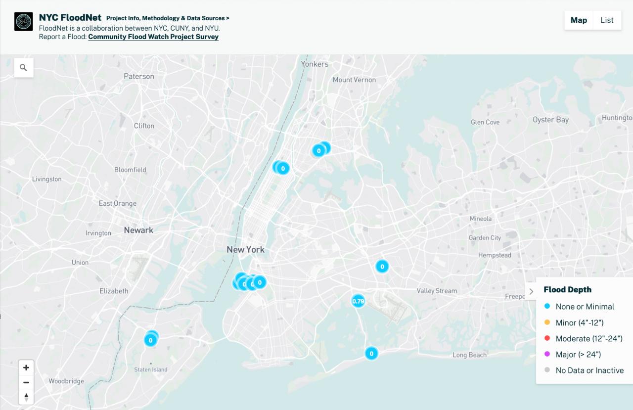 Screenshot of FloodNet platform showing sensor map view